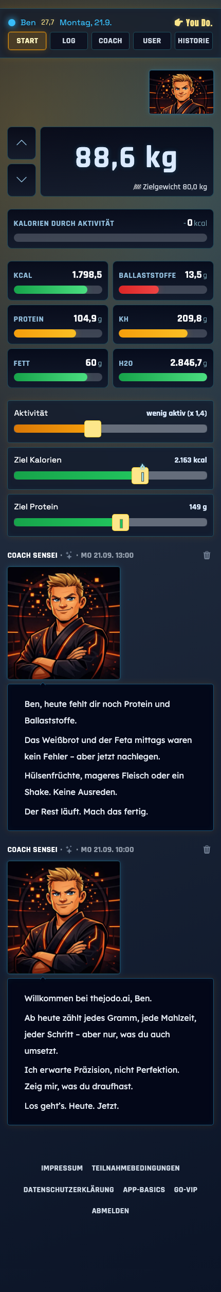 Vollständige App-Vorschau mit geöffneter Coach-Nachricht